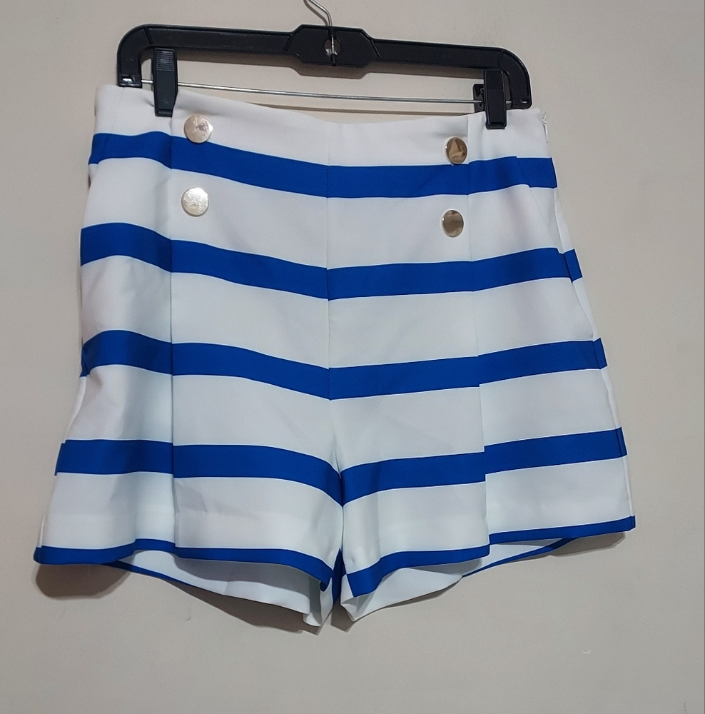 Zara  Blue and White Striped Pleated High Waist Shorts Sz-L - Picture 6 of 9